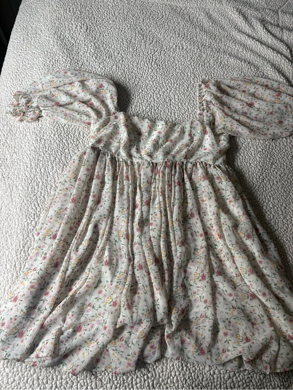 Lulu's Cream Floral Off-Shoulder Kids Dress with Pink & Green Flowers